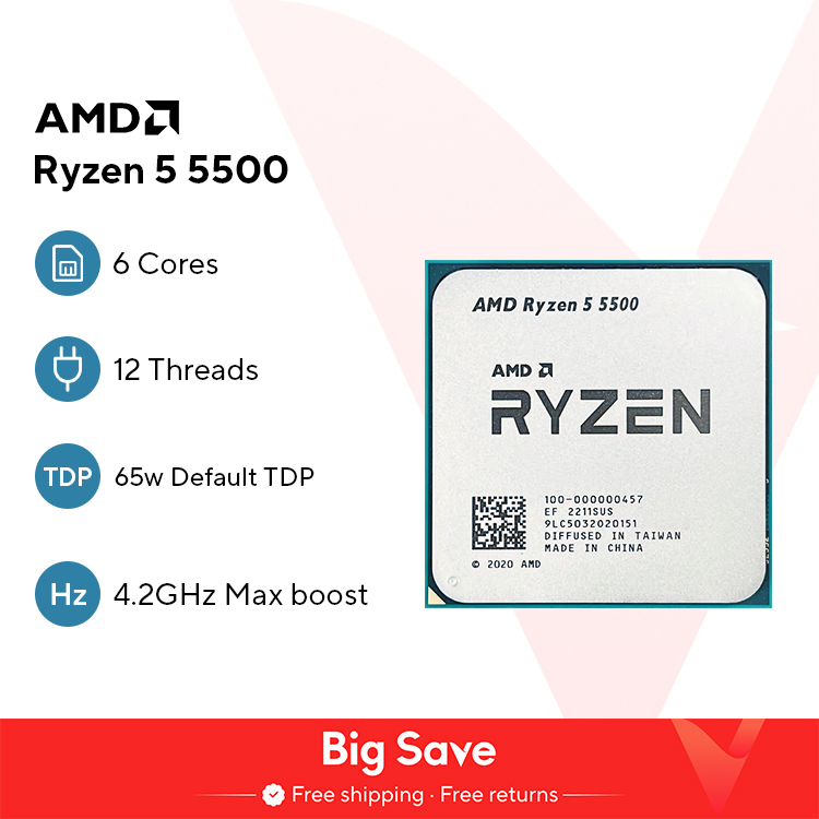 AMD Ryzen 5 5500 R5 5500 3.6 GHz 6-Core 12-Thread CPU Processor 7NM L3=16M 100-000000457 Socket AM4 No Fan