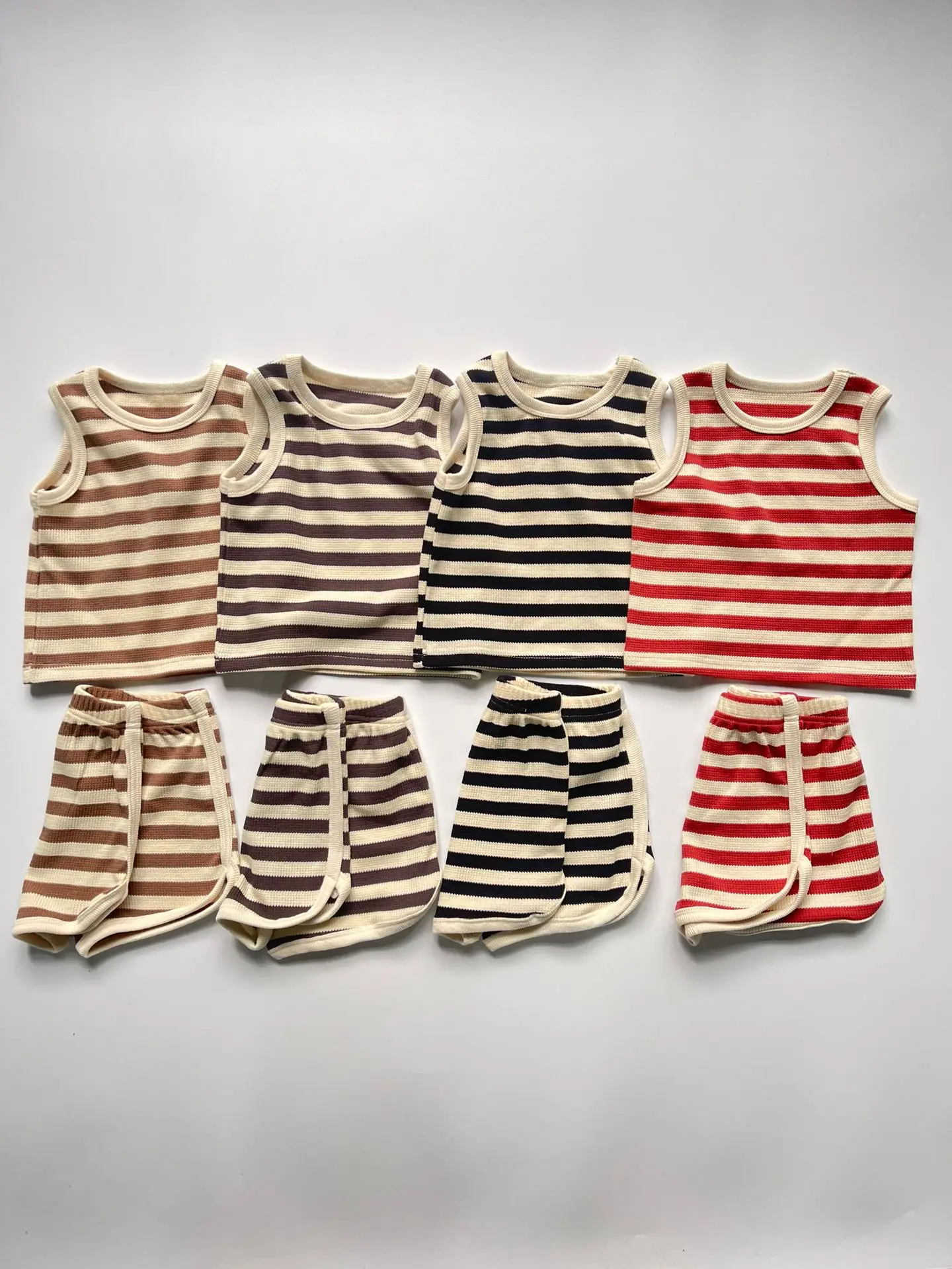 2025 Summer New Baby Sleeveless Clothes Set Infant Boy Girl Vest + Shorts 2pcs Suit Toddler Waffle Striped Breathable Outfits 6