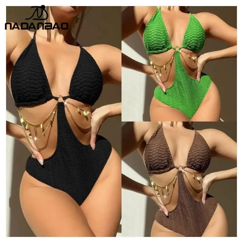 

Сексуальный однотонный Цельный купальник Nadanbao, женский модный купальник с открытой спиной, Женский Летний Пляжный купальный костюм с вырезами