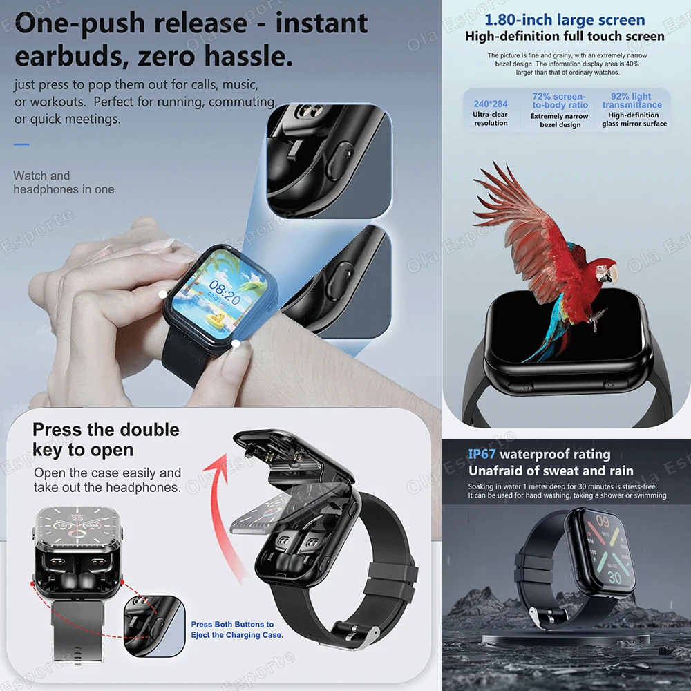 New Smart Watch TWS 2-in-1 Headset Bluetooth Call Heart Rate Health Monitor Headphones Play Music Waterproof Sports Smartwatch