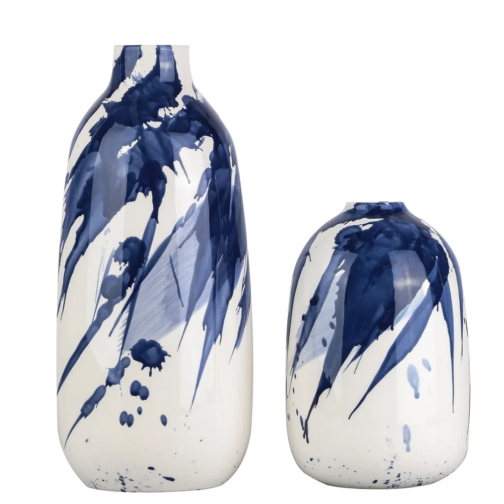 Set of 2 Glazed Blue Splash Ceramic Vases 7