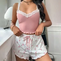 2026 women's sexy lace lace camisole vest shorts sleepwear women's slim fit two-piece 6