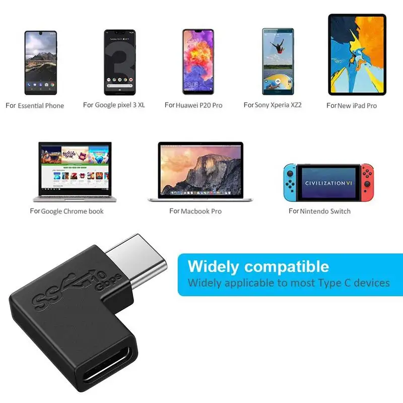 90 도 직각 USB 유형 C 남성-여성 USB-C 변환기 어댑터, 스마트 폰 노트북 10GBbps 속도 고속 충전