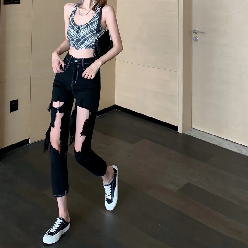 홀 할로우 아웃 데님 와이드 레그 팬스트 여성용, 하이웨스트 미니멀리스트 지퍼 루즈핏 청바지, 새로운 패션