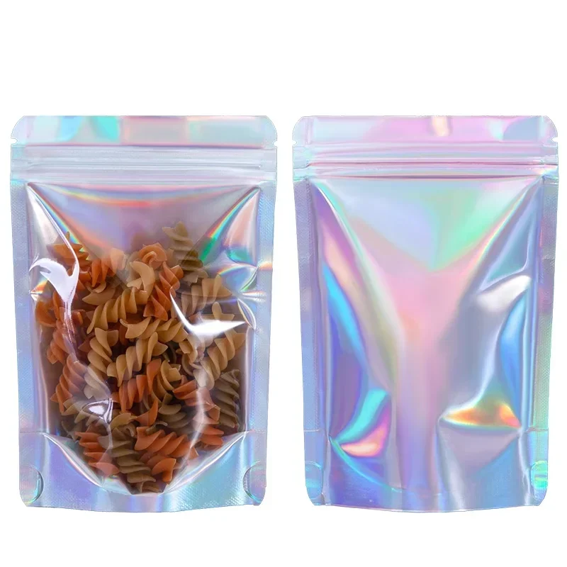 100pcs 실버 쿠키 스낵 식품 커피 말린 과일 파우더 캔디 홀로그램 ZipLock Mylar 쥬얼리 선물 포장 저장 가방