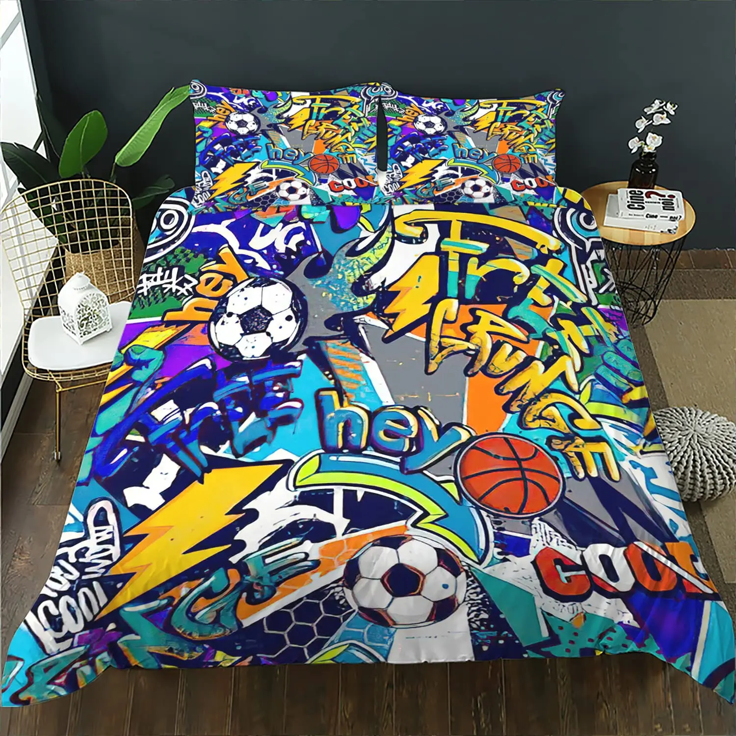 Basketball Court Print Bedding Set Twin Size,Ball Sports Games Themed Duvet Cover, Boys Game Room Decor Comforter Cover 6