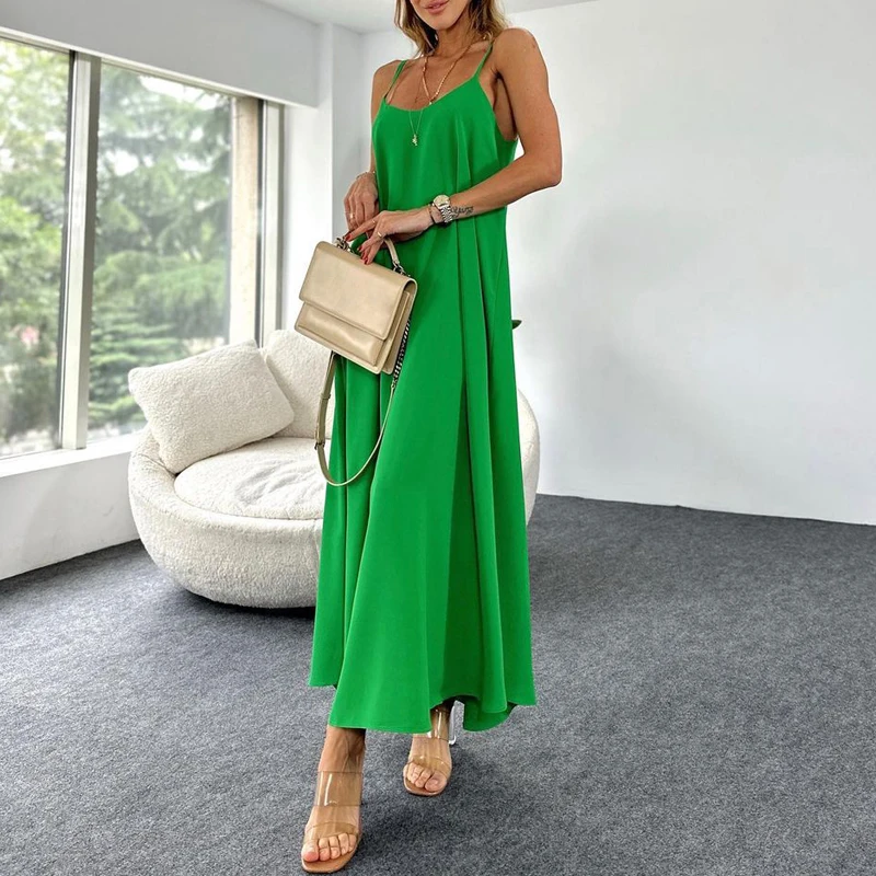 

Fashion Hollow Solid Color Long Dresses 2024 Spring Summer Sexy Spaghetti Strap Dress Ladies V-neck Sleeveless Loose Party Dress