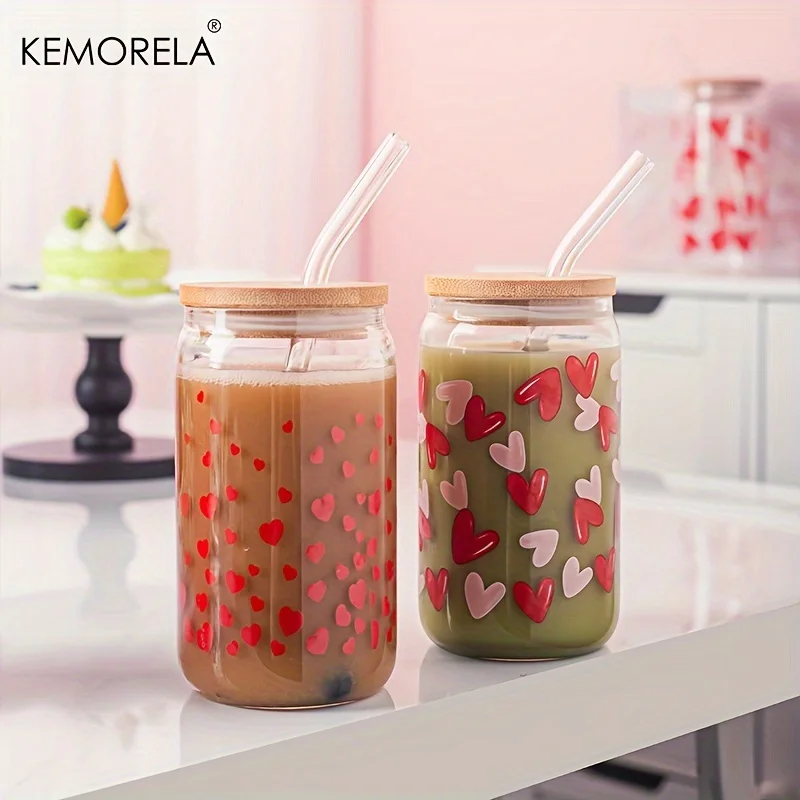Drinking Glasses Set 1PCS Heart Shape Printed Coke Glass Tumbler With Bamboo Lid Straw Milk Beer Can Romantic Valentine's Day Glass Tumbler Gift