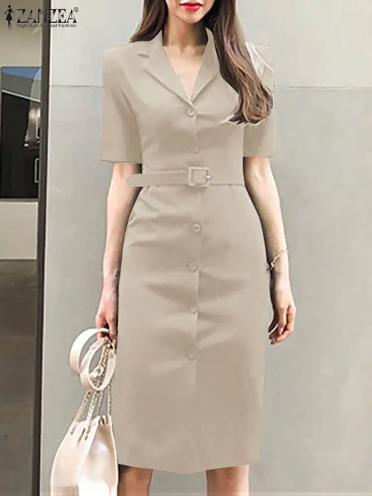 

Женское элегантное платье-карандаш с коротким рукавом, летнее офисное платье, офисный сарафан ZANZEA, Повседневное платье на пуговицах с лацканами, праздничное платье