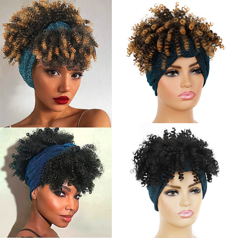

Synthetic Afro Puff Headband Wigs Short Afro Kinky Curl Headband Wig Heat Resistent Turban Wrap Headbands Wigs For Black Women