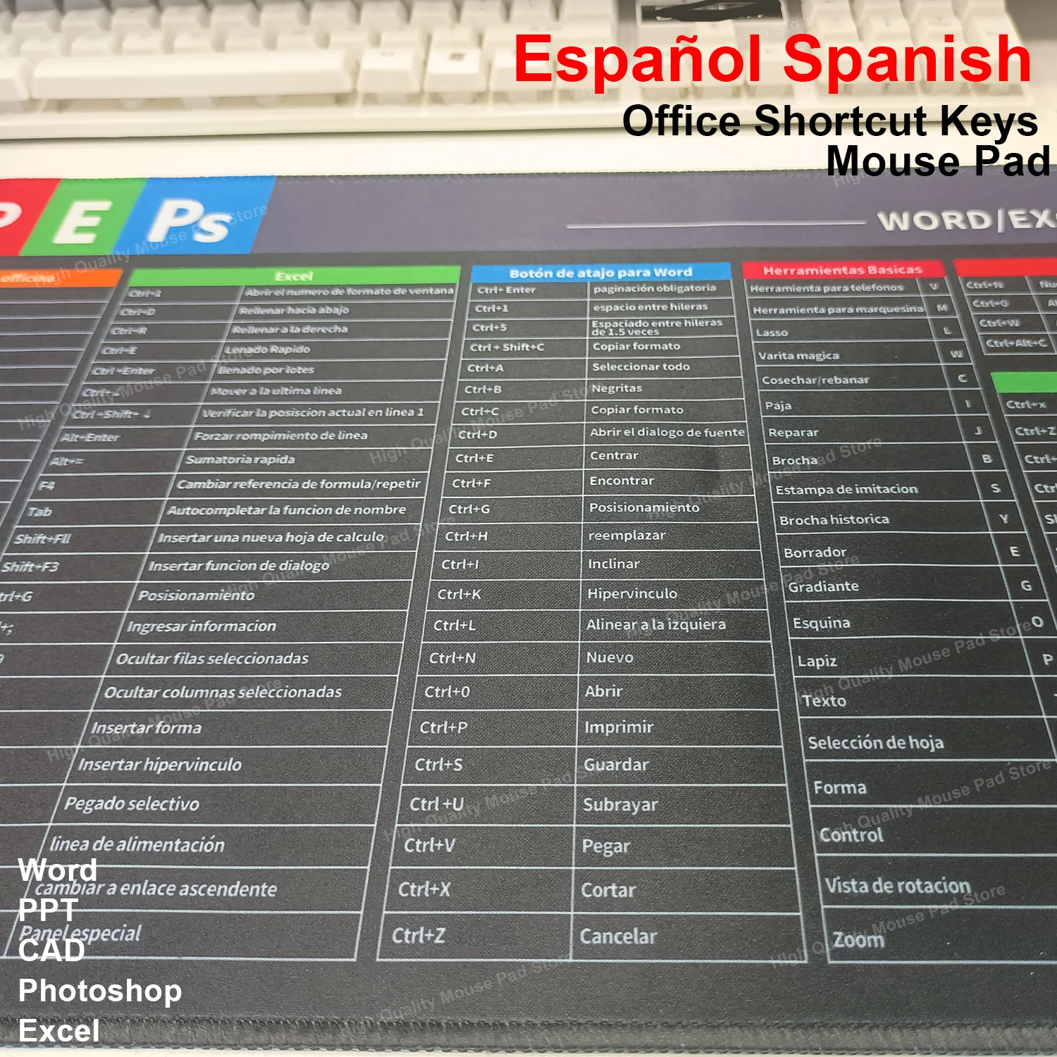 Espa&ntilde;ol Spanish Shortcut Keys Large Mouse Pad Office Long Keyborad Desk Mat Word PPT CAD Photoshop Excel Cheat Sheet Mousepad