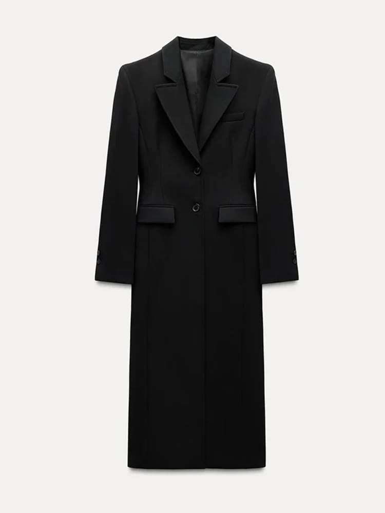 Elegant Black Blazer Long Coat Women Slim Lapel Single Breasted Long Sleeve Pocket Jacket Female 2025 Spring Shoulder Pads Coats 6