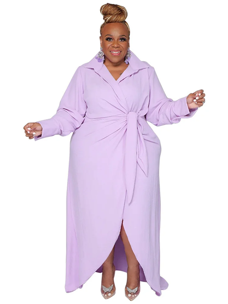Wmstar Plus Size Dresses for Women Solid Elegant V Neck Shirts Maxi Dress New Fall Clothes with Bandage Wholesale Dropshipping