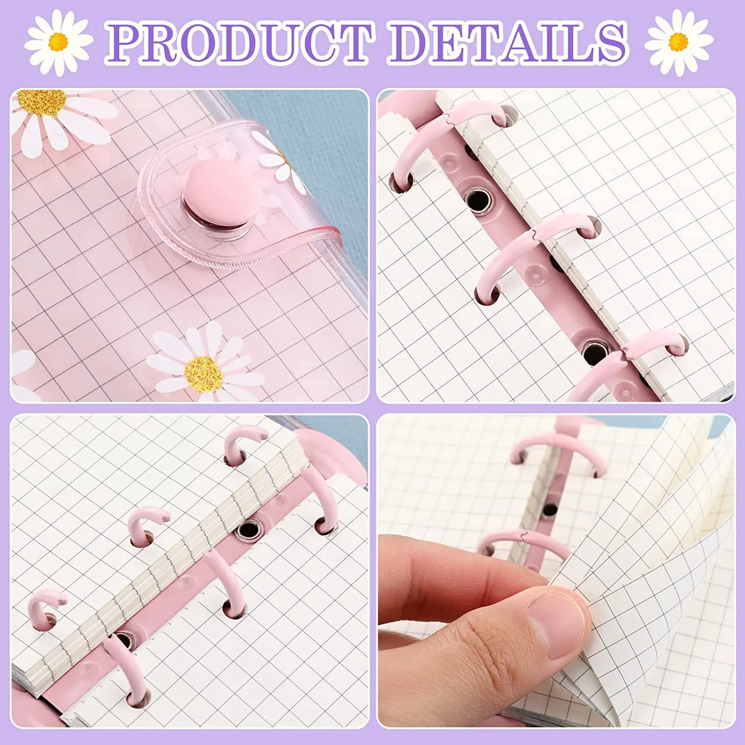 Mini Transparent PVC 3-Ring Binder Covers with 80 Inner Paper, 3pcs Binder Pockets, Mini Clear Daisy 3-Ring Loose-leaf Notebook