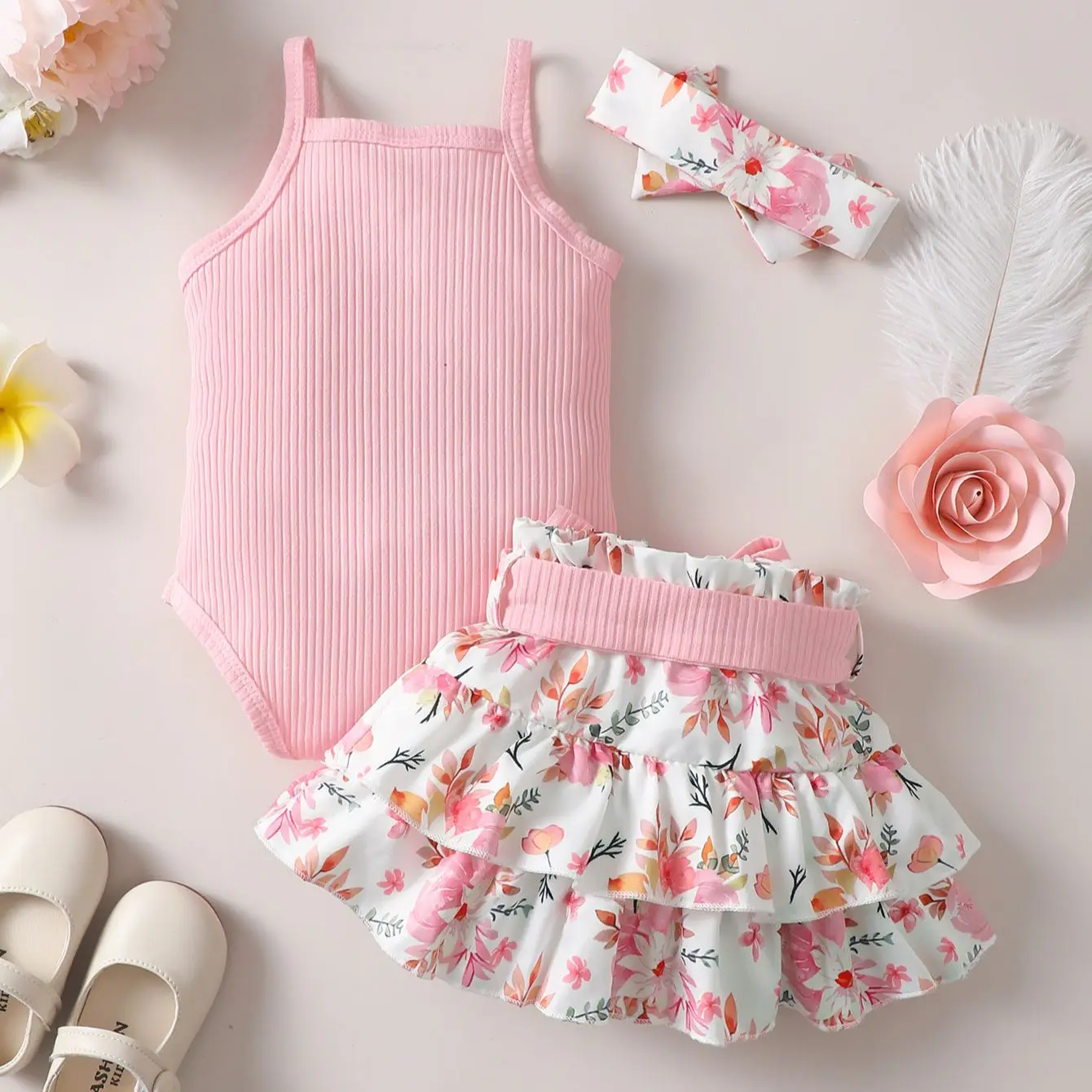 Baby Girl Floral Jumpsuit & Skirt Set 2