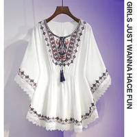 Femmes t-shirts d'été rétro Style Boho broderie Blouses cape haut ample coton dentelle ourlet manches chauve-souris Kimono chemises Blusa Feminina 3
