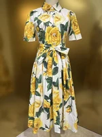 موسم إكسيانغ-فستان نسائي قطني بصدر واحد ، أكمام قصيرة ، دانتيل ، طباعة زهور صفراء ، فساتين حفلات أنيقة ، مصمم ، ربيع 1