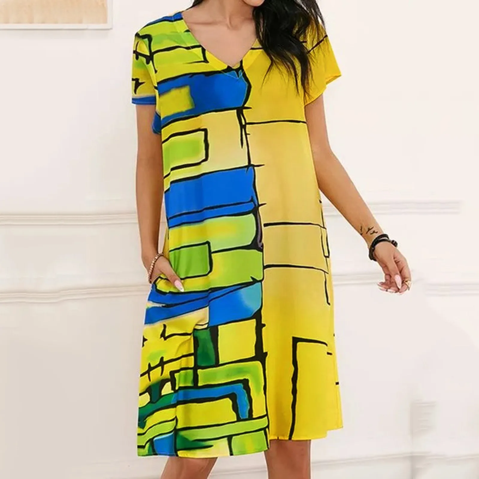 

Fashion Party Print Dress Sleeve V-neck Short Dress Three Womens Color Women's Dress Comfy Dress for Women