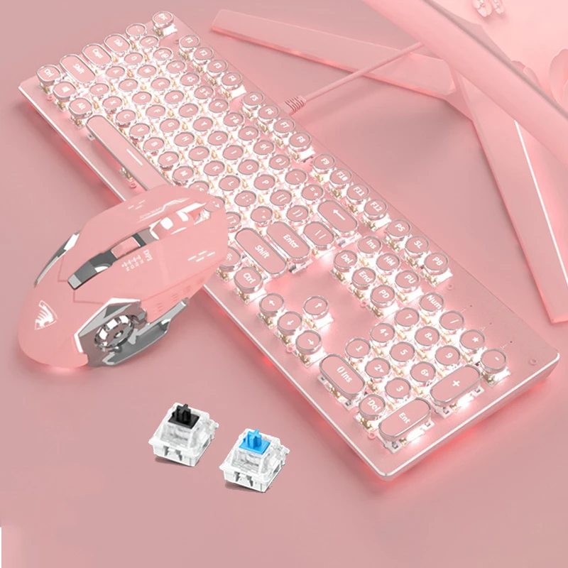 Bluetooth Wireless Mechanical Keypad Pink Girly Retro Punk Gaming