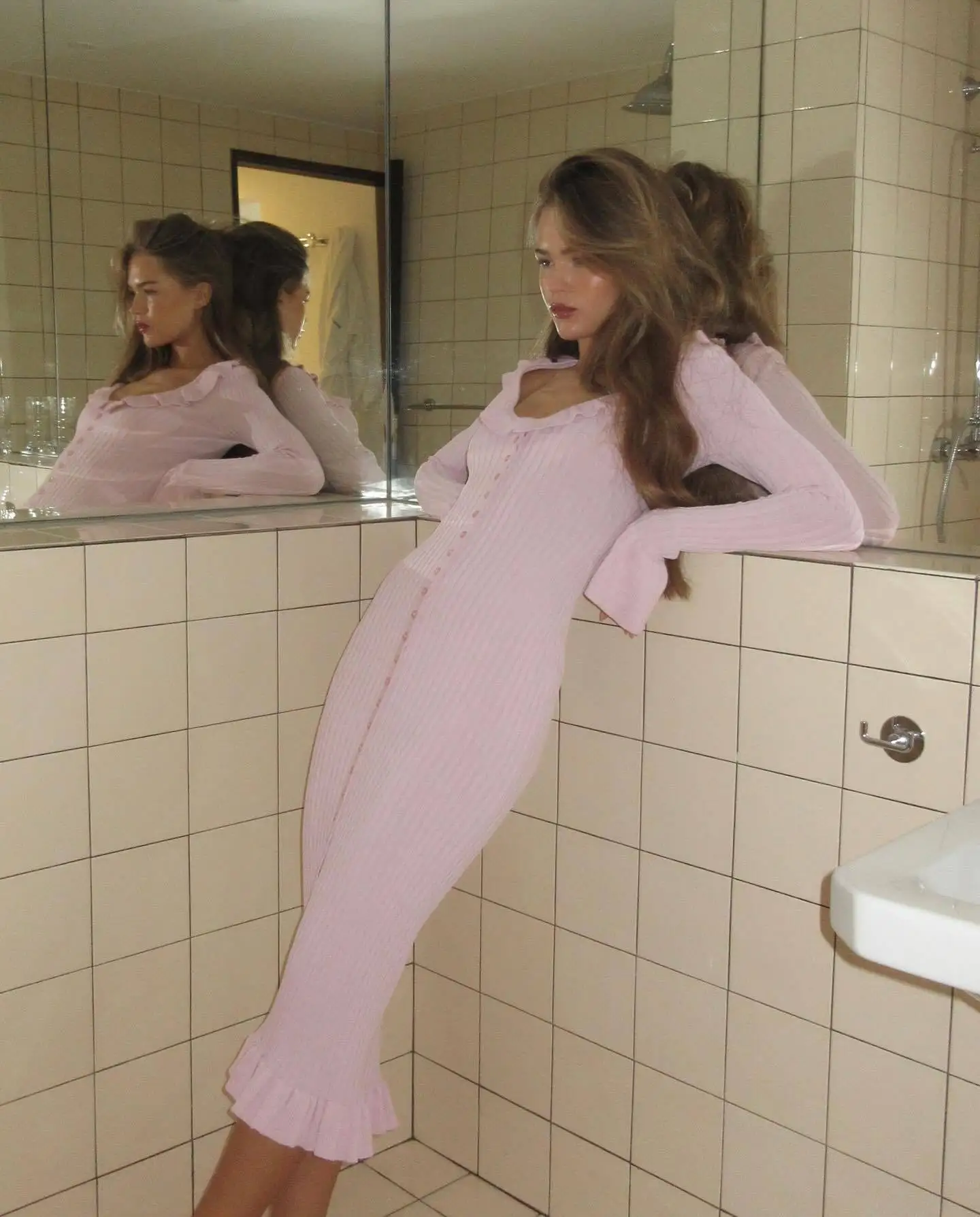 Knit Fashion Ruffled Maxi Dress Women Ribbed Slim Scoop Neck Elegant Knitwear Party Dress Gown Female Long Dress Autumn