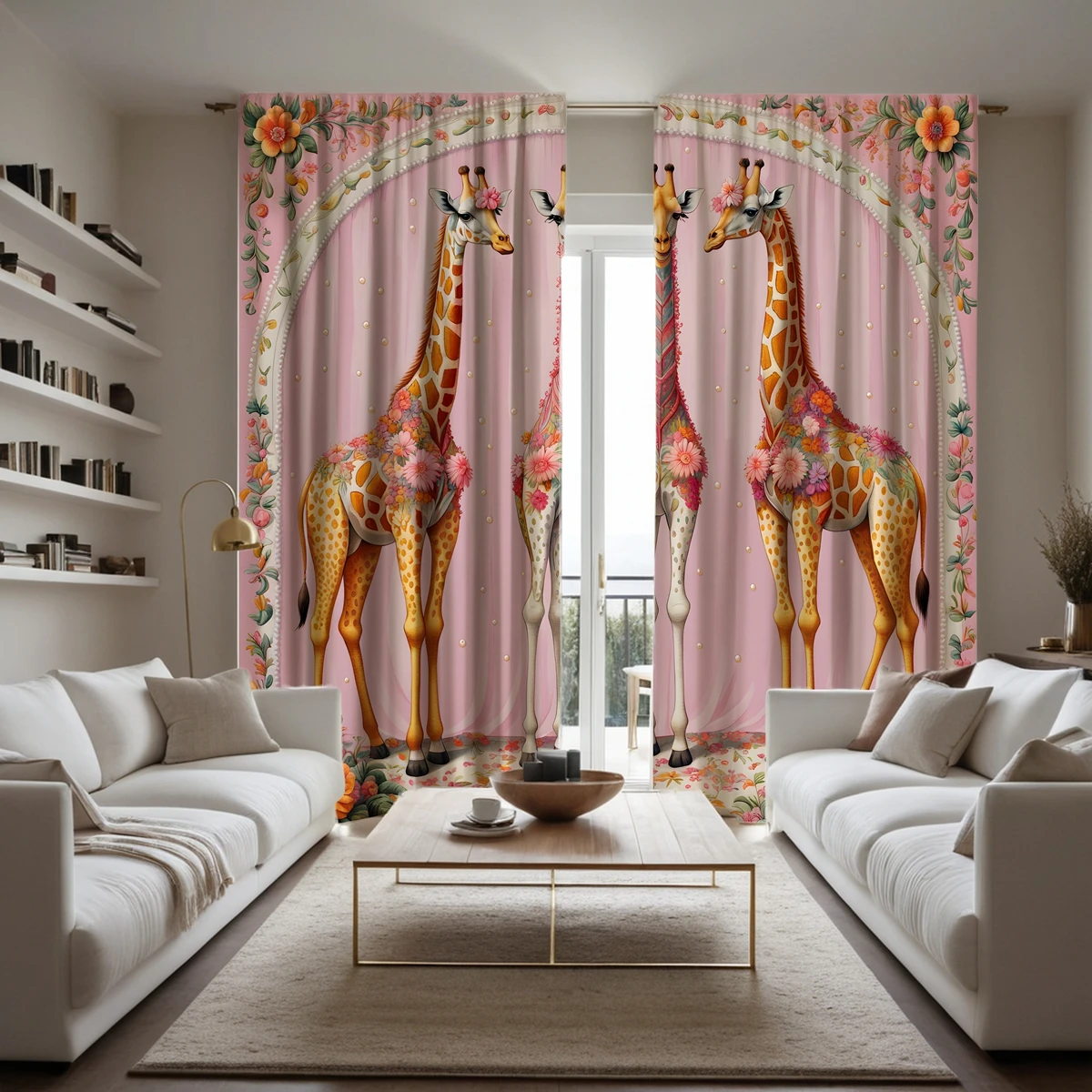 2 pieces of HD Girly powder flower decoration Giraffe decorative curtain Pink tie digital printed curtain Home Decoration style 3