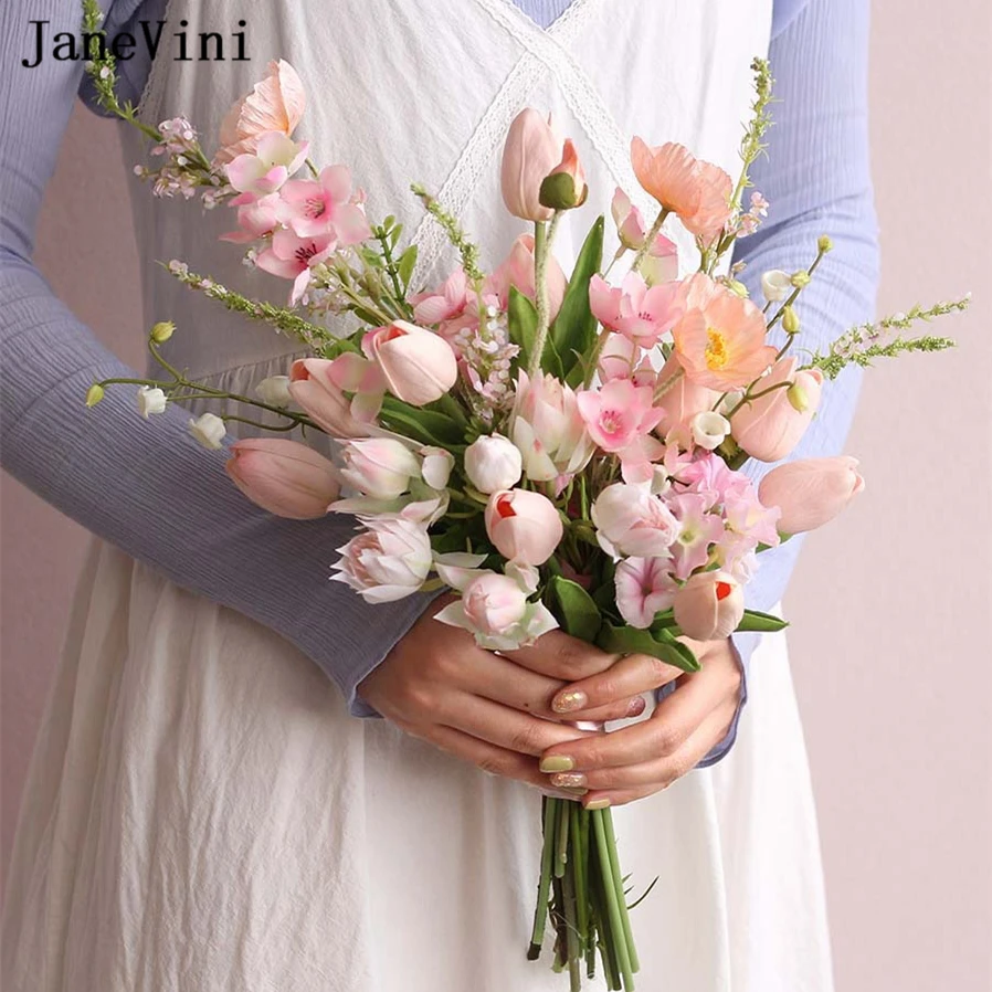 

JaneVini 2022 Spring Bridal Bouquets Artificial Silk Roses Bride Holding Flowers Romantic Pink Tulip Wedding Bouquet Accessories