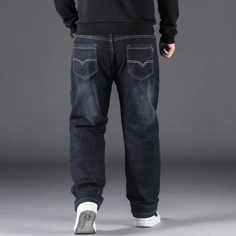 2023 Autumn Winter New Thick Loose Casual Jeans Pants Men Straight Elastic Plus Fat Size Thick Warm High Waist Long Trousers