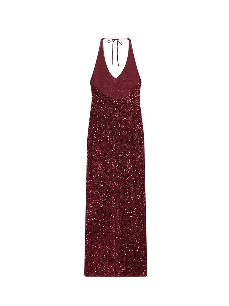 Sequins Halter Long Dress For Women Sleeveless Shining Evening Party Slimming Backless Dresses Female New Holiday Fashion Dress