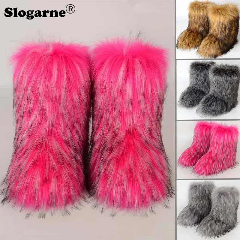 Women Snow Boots Winter Fluffy Fur Furry Platform Outdoor Footwear Girls Luxury Faux Fox Fur