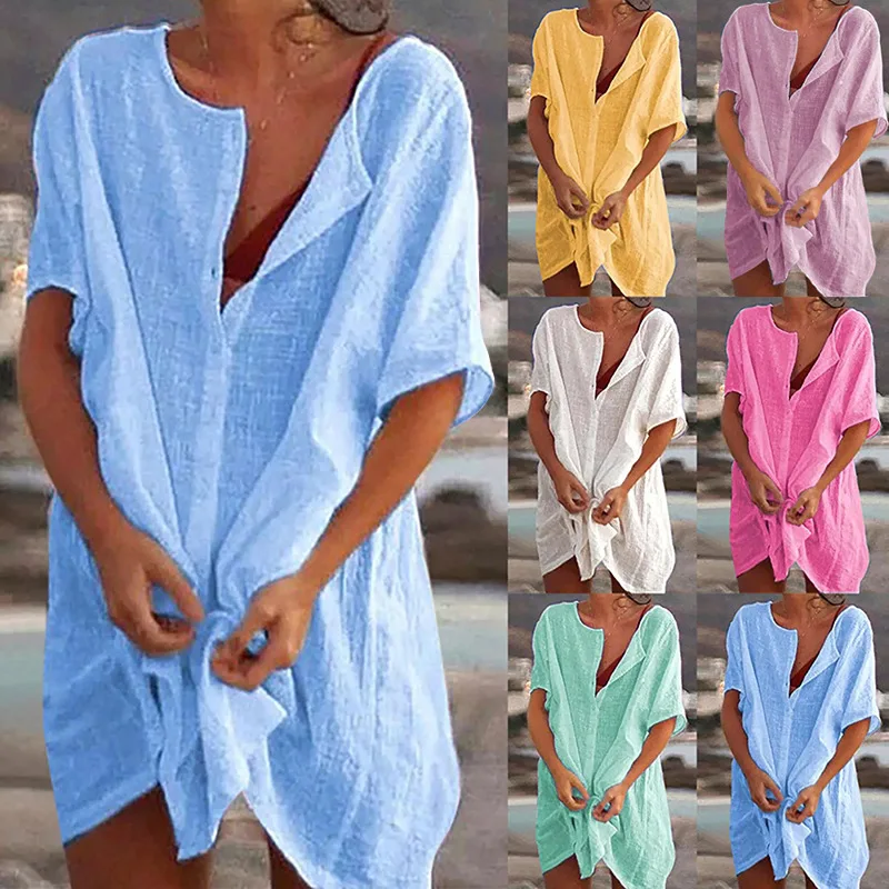 

Mini Cover Up T-Shirt Dress For Women Sexy Short Sleeve Beach Tunic Bikini Swim Cover Up Semi Sheer Beachwear