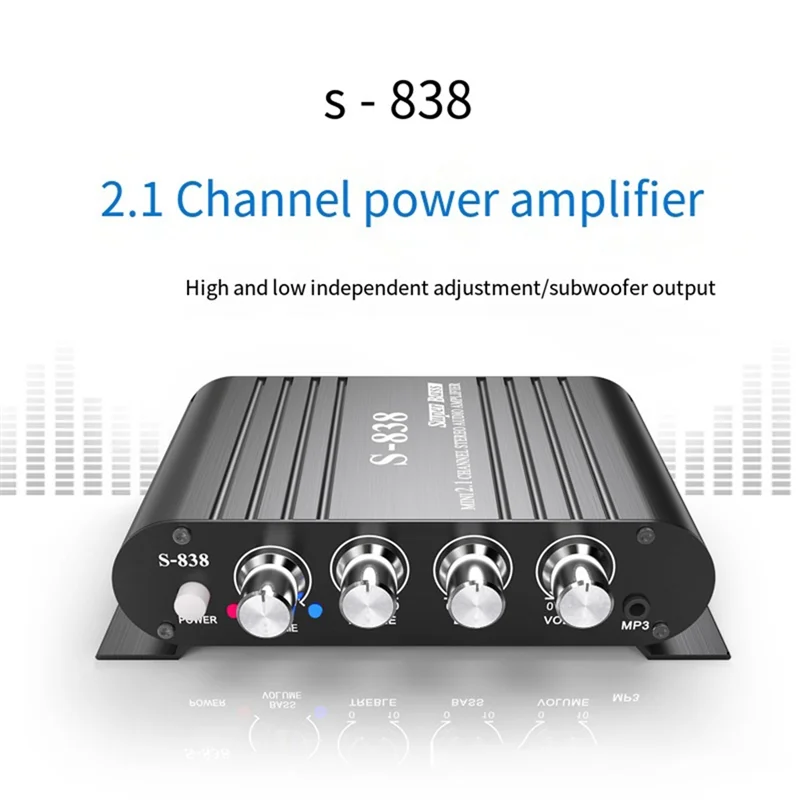 【슈퍼딜】Auto-Partner S-838 2.1CH 오디오 전력 증폭기, RMS 30WX2+40WX1 클래스 D 스테레오 디지털 오디오 앰프(서브우퍼 출력 포함)