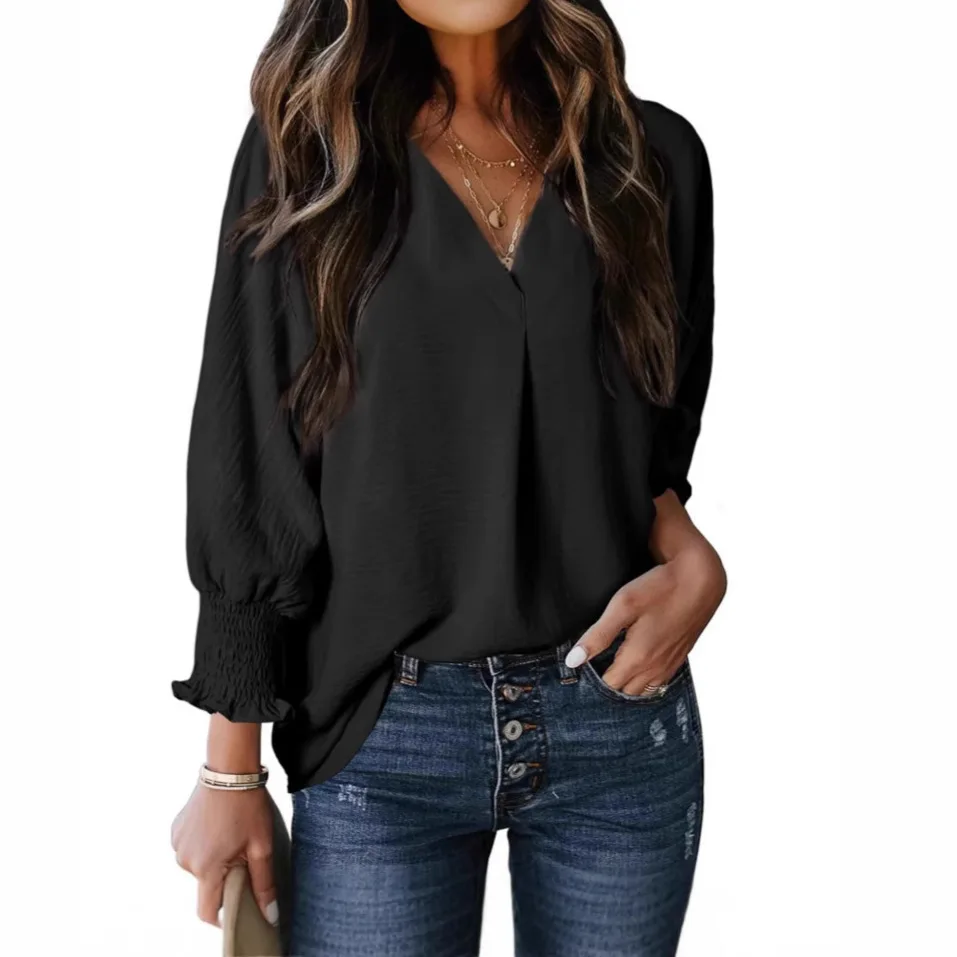 Women Solid Color V Neck Blouse Shirt Summer Workwear