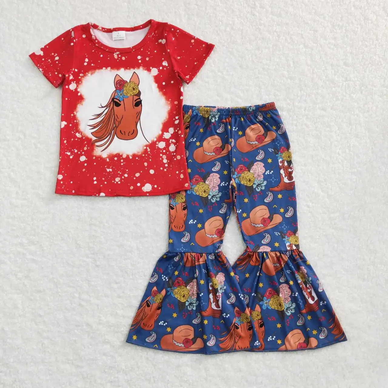 

Wholesale Western RTS Kids Flower horse boots hat red short sleeve navy blue pantsuit set for baby girls boutique clothes