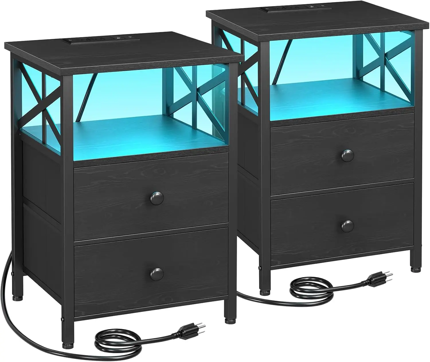 Night Stand Set 2, LED Nightstands for Bedroom Set of 2 with Charging Station, End Table with USB Port and Outlet, Si