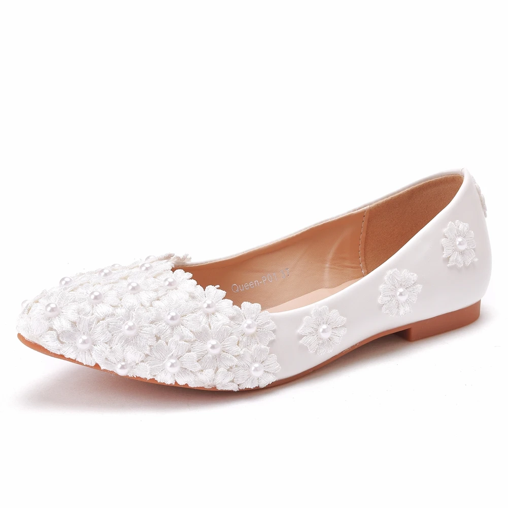 

Crystal Queen Ballet Flats White Pearl Lace Wedding Shoes Heel Casual Pointed Toe Princess