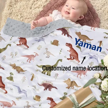 Lettera personalizzata con nome personalizzato Ricamato Neonato Asilo nido Coperta di fagioli Cartone animato di dinosauro su due lati Regali per Ragazzo Gir 1