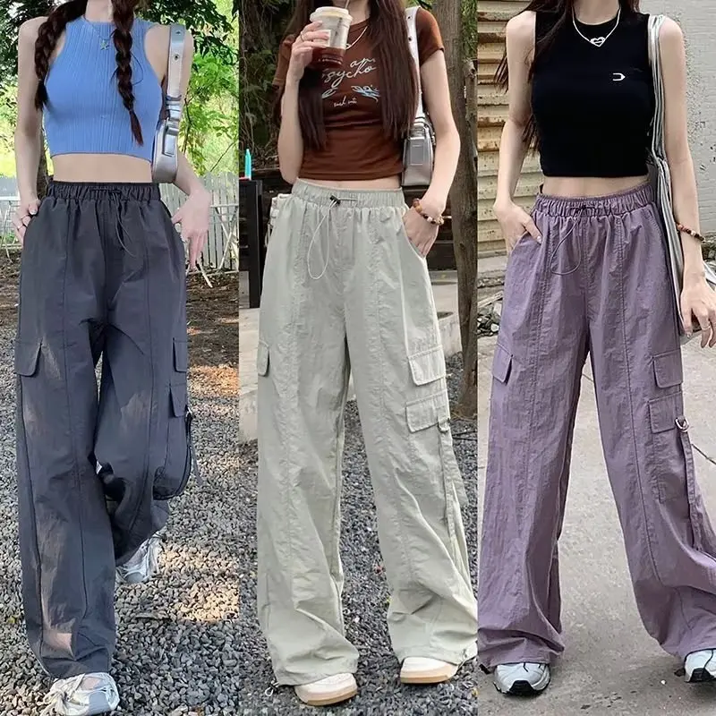 

High-waisted Drawstring Wide-leg Pants Sweatpants Baggy Cargo Pants Women Korean Loose Straight Width Big Pocket Pants for Women