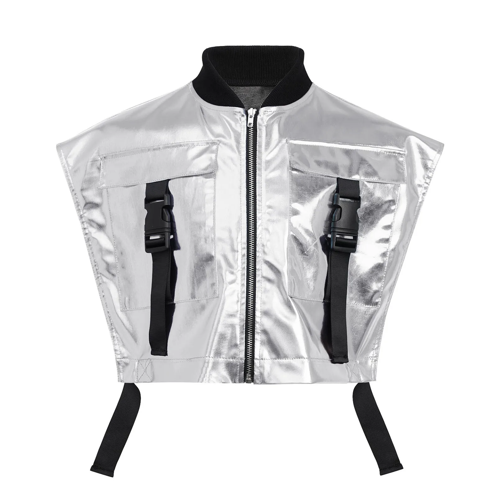 키즈 걸스 글로시 메탈릭 샤이니 베스트 탑스 PU 민소매 지퍼 사이드 오픈 재킷 코트 힙합 재즈 댄스 무대 공연용