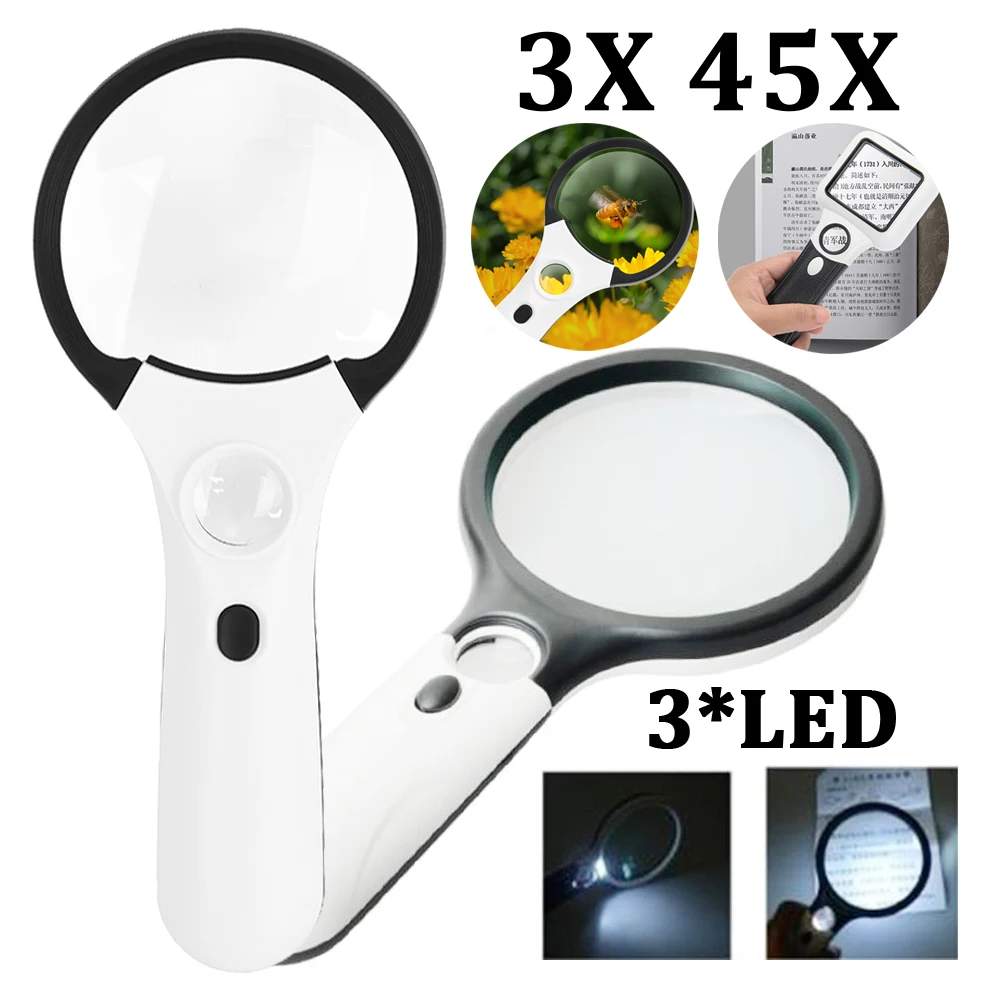 Handheld Magnifying Glass 3X 45X with LED Lights for Reading Watch Repair  Loupes