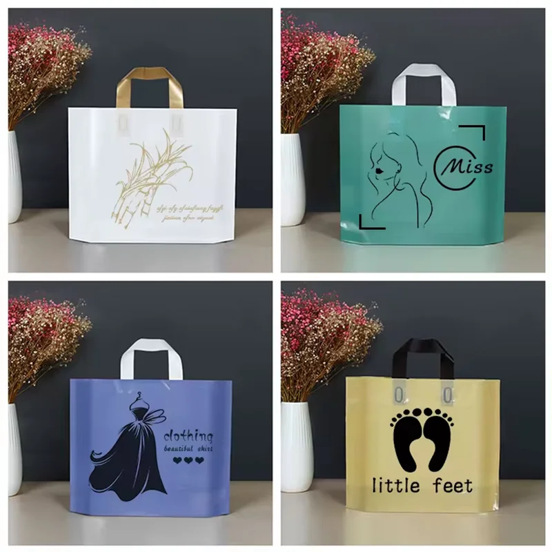 500pcs/Lot Wholesale Custom Poly Bag Soft Loop Handles LDPE/HDPE Tote Shopping Plastic Bag with Own Logo for Clothing Packaging