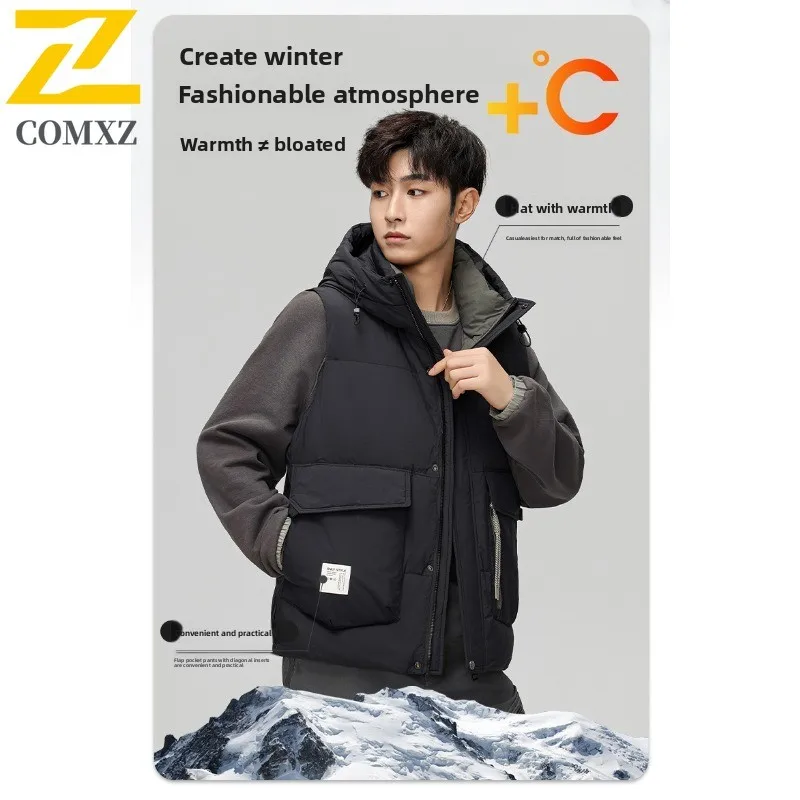Winter Men's Down Sports Vest Hooded Workwear  Waterproof Windproof Fashion Solid Color Jacket for Hiking Camping Fishing  2025