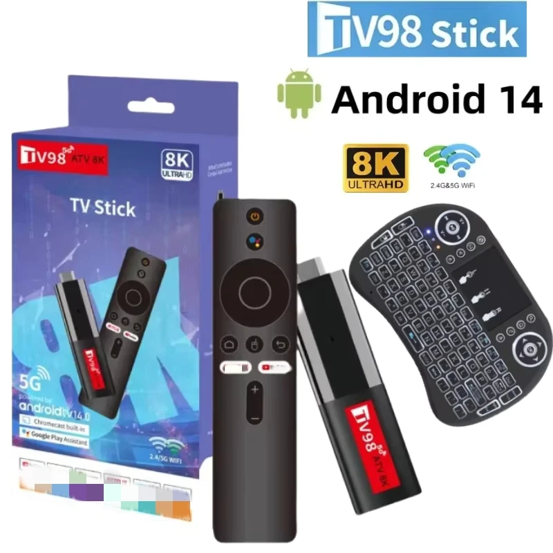 TV98 ATV Mini TV Stick Android 14 H618 2.4G 5G Wifi Support OTA 8K