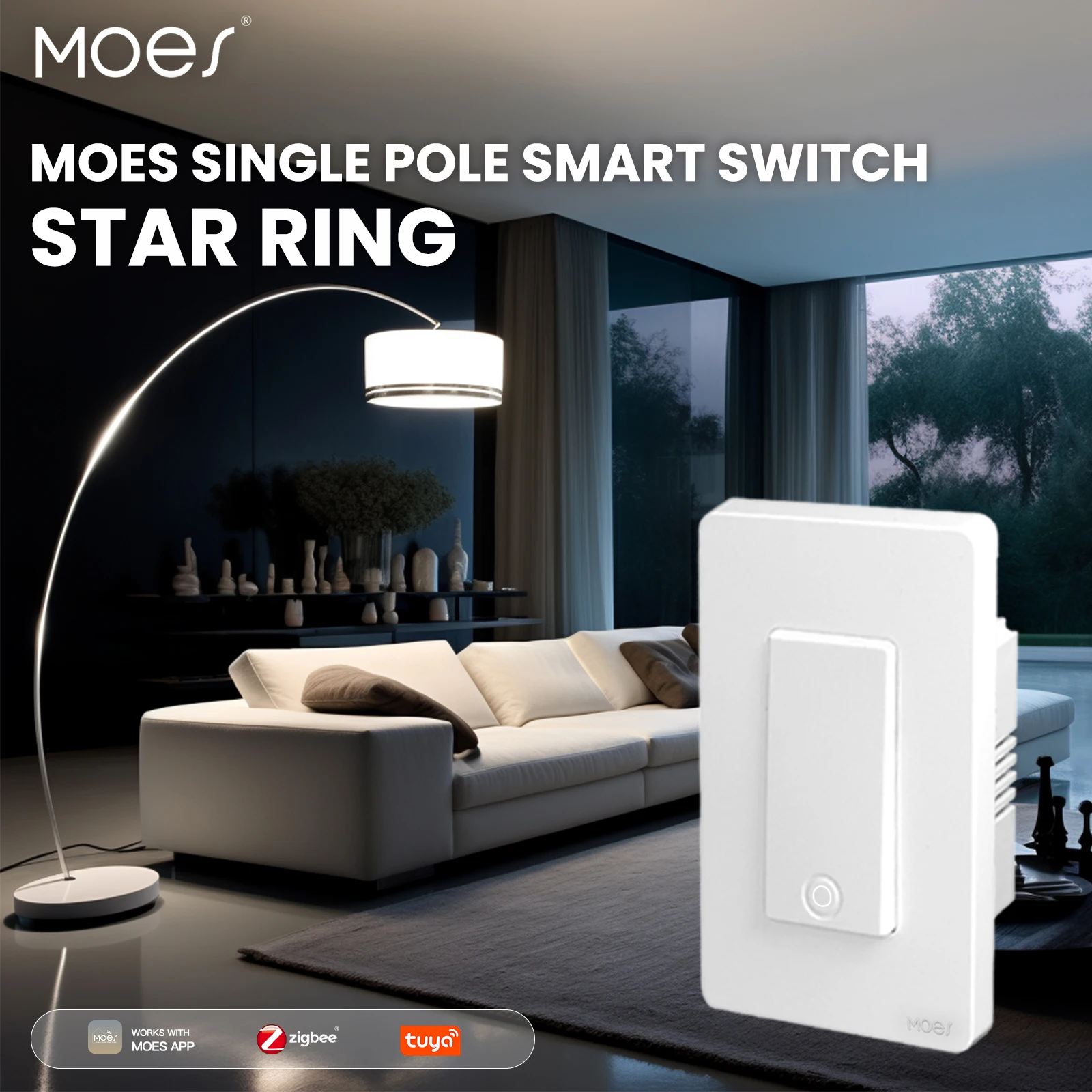 Moes-zigbee Interruptor de Luz Inteligente Pólo Único sem Capacitor Fio Neutro Botão Opcional Gangue Gangues Gangues Gangues Tuya