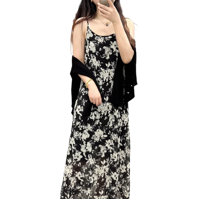 

New Summer 2023 Loose Print Dress for Women Chiffon Spaghetti Strap Long Dress Sleeveless Holiday Beach Casual Dresses Vestidos