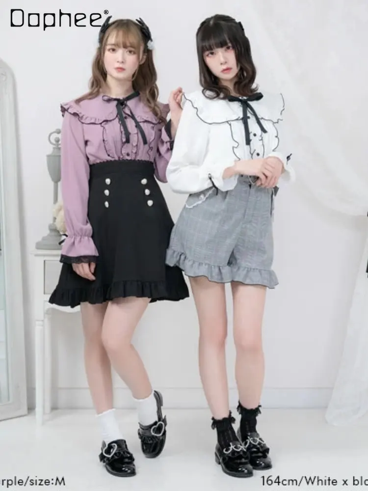 Cute Lace Edge Bow Ruffled Shirt Women 2023 Spring and Autumn New Japanese Style  Doll Collar Long Sleeve Blouse Student Female janevini 2 layers cathedral long wedding veil voile mariage white lace edge appliqued ivory bridal veils with comb accessories