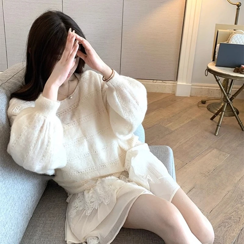 Autumn Fashion Elegant Thin Lantern Sleeve Office Casual Knitwear Top New Women's Clothing Knitted Hollow Crew Neck Sweater