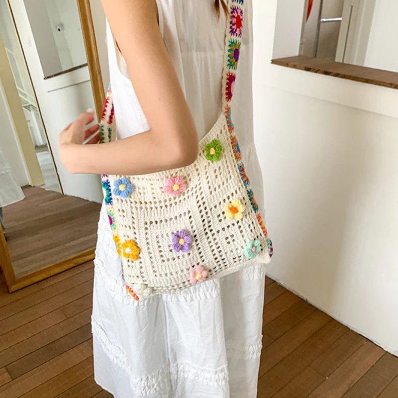 Women Knitted Shoulder Bag Casual Crochet Tote Bag Fashionable Wovnen Purse and Handbag Summer Beach Bаg