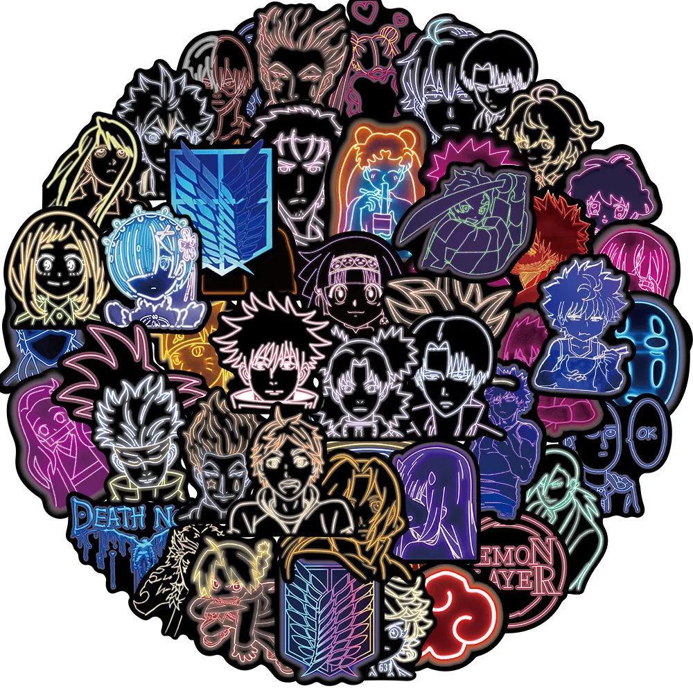 

10/30/50PCS Anime Neon Mixed Stickers Mix Jujutsu Kaisen Attack on Titan Stickers Phone Laptop Bike Toy Cartoon Sticker for Kids