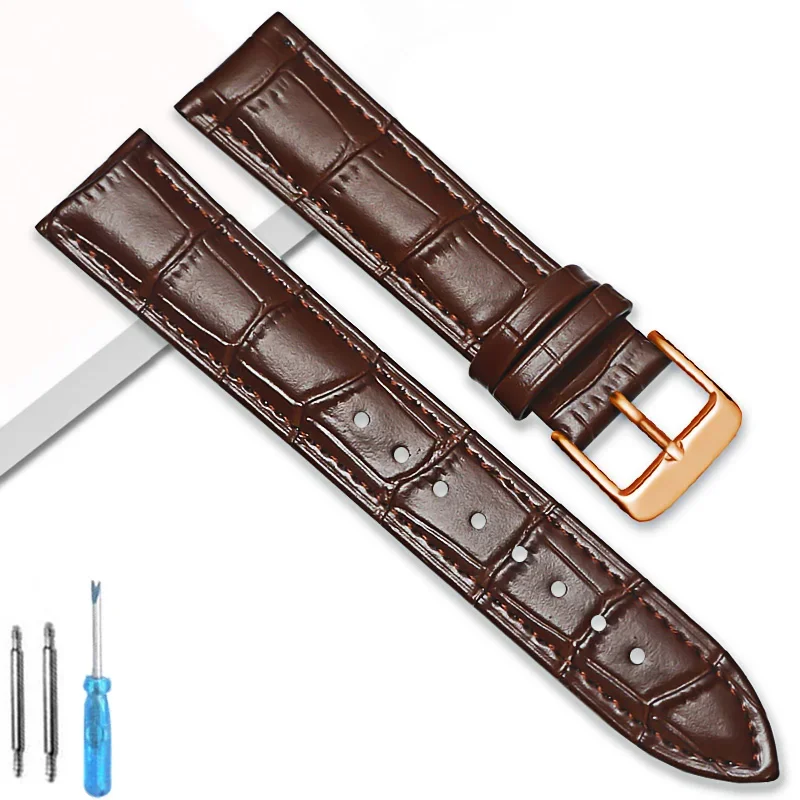 Premium Genuine Leather Watchband Strap with Steel Pin Buckle - High-Quality Wrist Bracelet with Tool Included