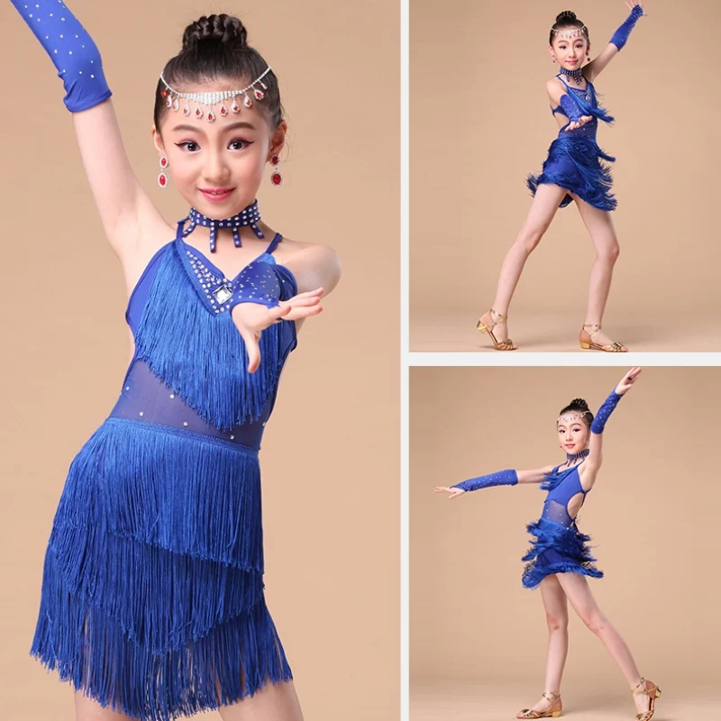 Sequin Latin Dance Tassel Dress For Girls Cha Cha Salsa Tango Outfit
